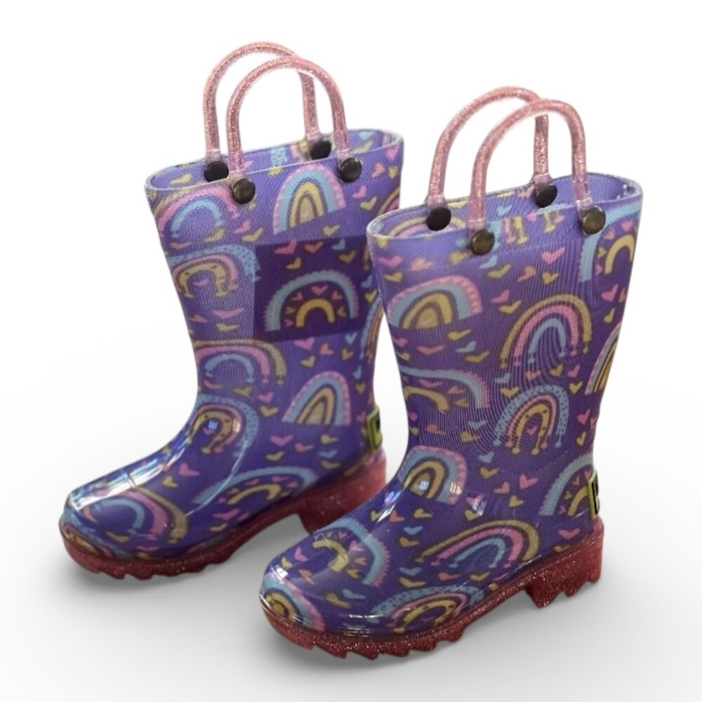 Western Chief Kids Rainbow Hearts Glitter Lighted Rain Boots Purple Size 5